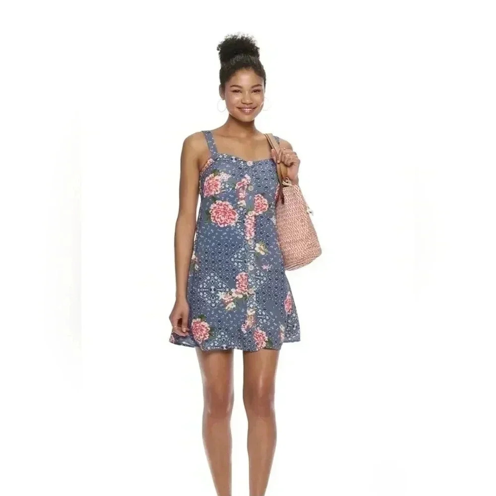 blue flowered dress, above the knee length, sz Medium, button up front